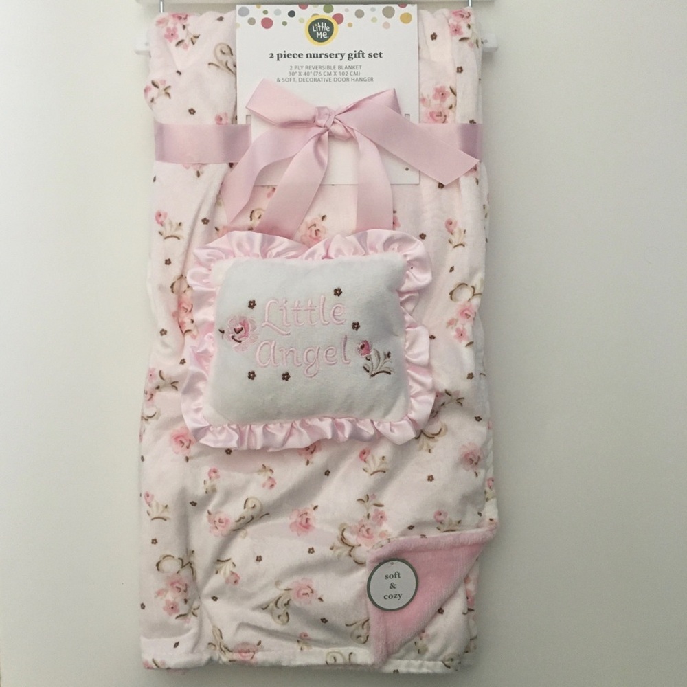 Baby Blanket Pink Reversible and Door Decor “Little Angel” NEW Little Me Gift